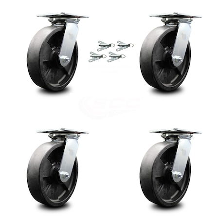 Heavy Duty Large Top Plate Glass Filled Nylon Swivel Caster Set of 4 w/8" x 2" Black Wheels - Includes 4 Swivel w/Bolt on Swivel Locks - 5000 lbs Total Capacity - Service Caster Brand